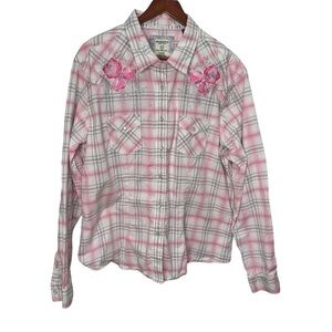 Panhandle Rough Stock Pink & White Plaid Floral Pearl Snap Button Down Size XL